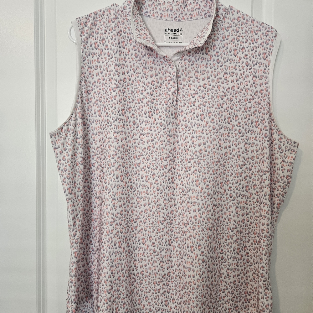 Head Sleeveless Polo Tank in Pale Pink and White Leopard Print